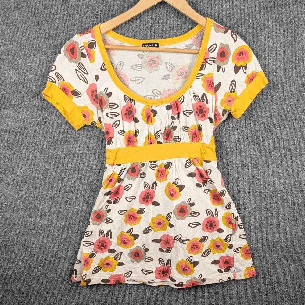 FANG Vintage Y2K Babydoll Top L Coral Yellow Floral Empire Waist Tunic Shirt